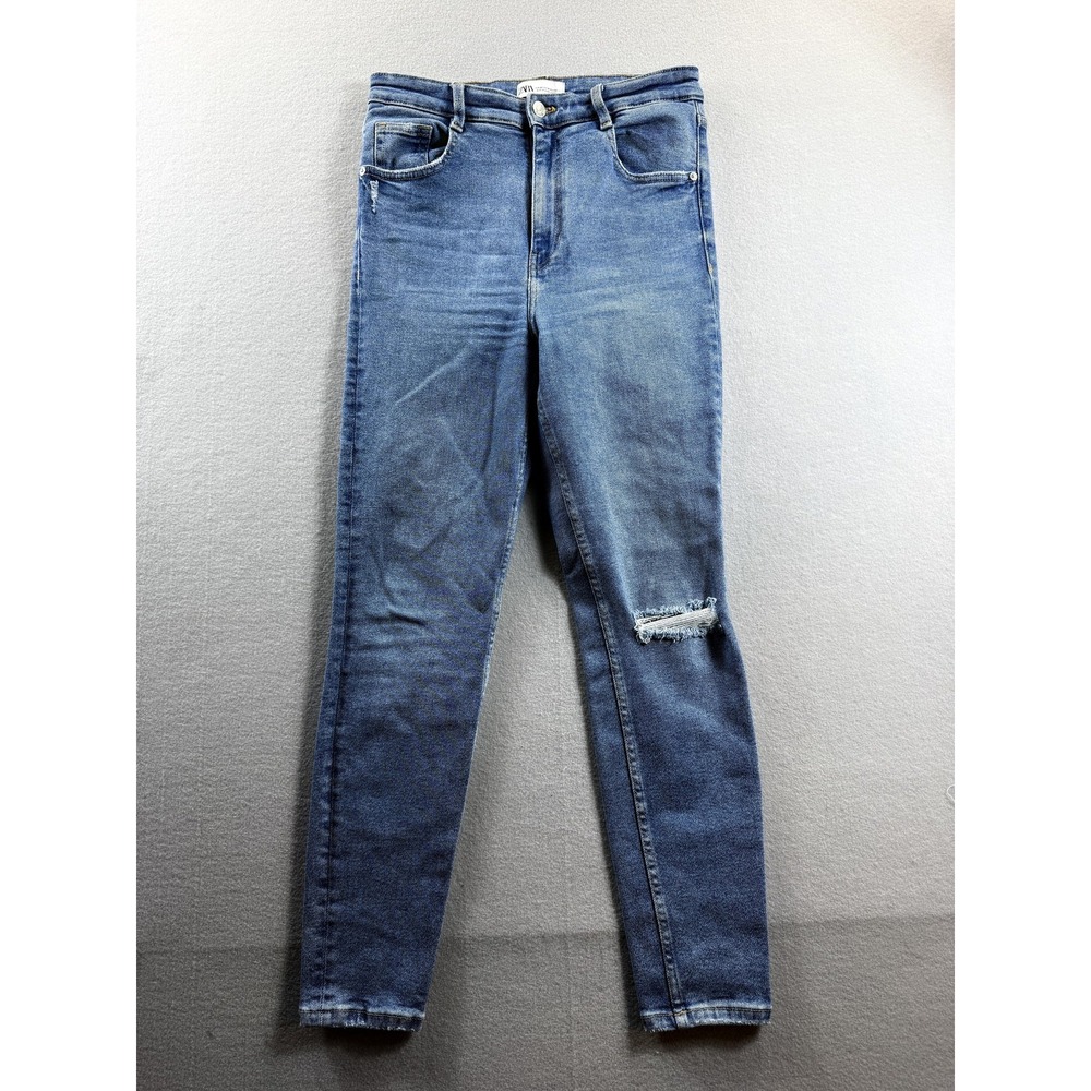 Zara Jeans Womens 10 Blue High Rise Skinny Distressed Stretch Knee Denim 29x27